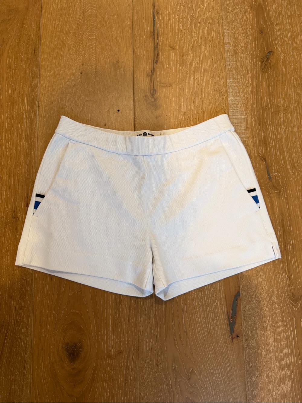 Tory Sport White Athletic Shorts with Navy & Royal Stripe Accents - size XS